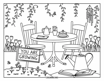 Disegno sull'autostima da colorare per bambini: Giardino fiorito con tè, torta e cartello da giardino "You Are Growing"