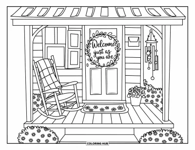 Disegno sull'autostima da colorare per bambini: Portico d'ingresso con sedia a dondolo, fiori e un cartello di benvenuto caldo