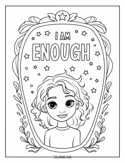 Disegno sull'autostima da colorare per bambini: Bambina con capelli ricci davanti a uno specchio con scritta "I Am Enough"
