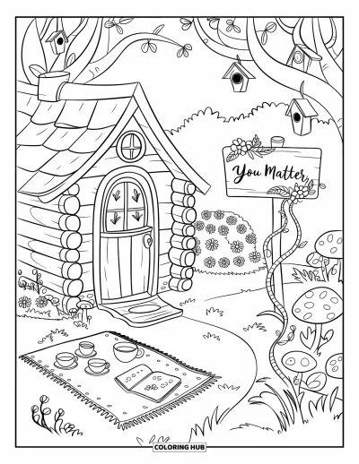 Disegno sull'autostima da colorare per bambini: Radura con baita in legno, servizio da tè e cartello "You Matter"