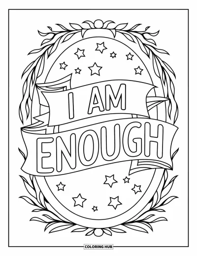 Disegno sull'autostima da colorare per bambini: Cornice di specchio con stelle e rampicanti attorno alle parole "I Am Enough"