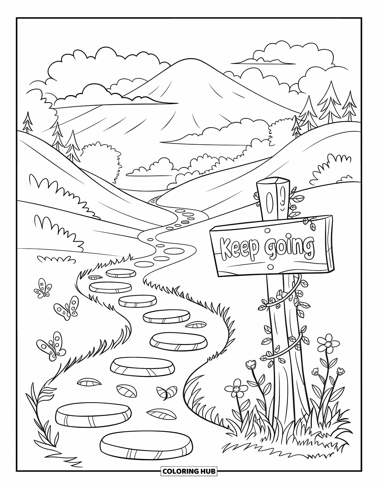 Self Esteem Coloring Page for Kids: Nature trail with a "Keep Going" sign, wildflowers, and butterflies