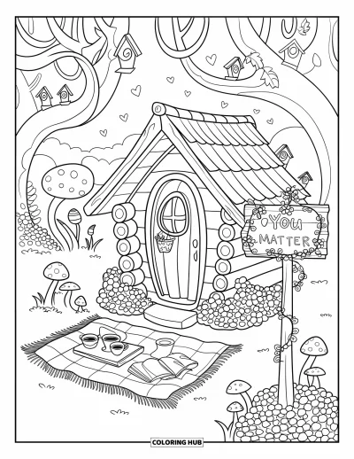 Disegno sull'autostima da colorare per bambini: Picnic tranquillo in un cottage con tazze da tè e cartello "You Matter"