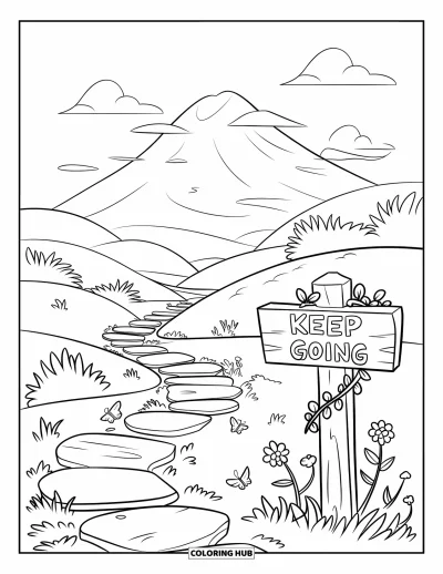 Disegno sull'autostima da colorare per bambini: Sentiero tranquillo con pietre, farfalle e segnaletica "Keep Going"