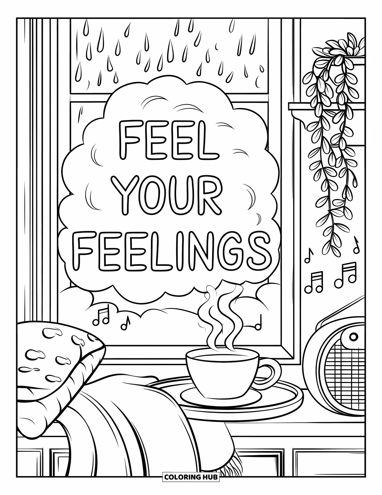 Self Esteem Coloring Page for Kids: Rainy window nook with pillow, plant shelf, and "Feel Your Feelings" message