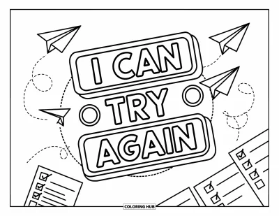 Disegno sull'autostima da colorare per bambini: Pulsante di reset circondato da liste e frase "I Can Try Again"