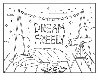 Disegno sull'autostima da colorare per bambini: Scena sul tetto con telescopio, mappa stellare e parole costellazione "Dream Freely"