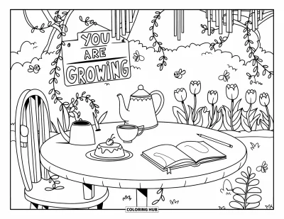 Disegno sull'autostima da colorare per bambini: Tavolo rotondo con torta, annaffiatoio e cartello "You Are Growing"