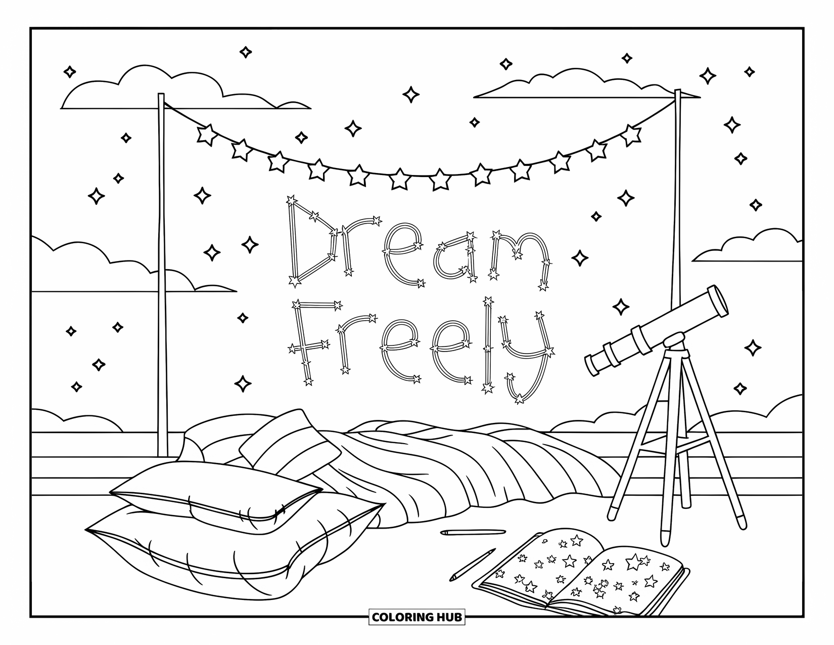 Self Esteem Coloring Page for Kids: Starry rooftop with pillows, telescope, and "Dream Freely" written in the sky