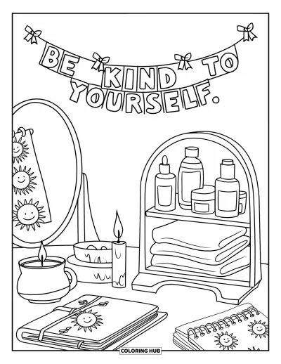 Disegno sull'autostima da colorare per bambini: Tè e diario su una scrivania con striscione "Be Kind to Yourself"
