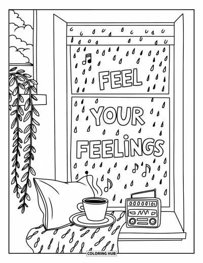 Disegno sull'autostima da colorare per bambini: Angolo finestra con coperta, tè e scritta "Feel Your Feelings" appannata sul vetro