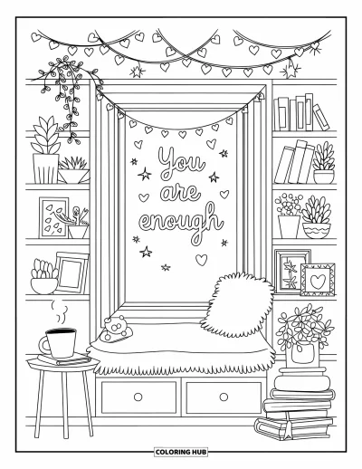 Disegno sull'autostima da colorare per bambini: Seduta alla finestra con cuscino, libri e striscione "You Are Enough"