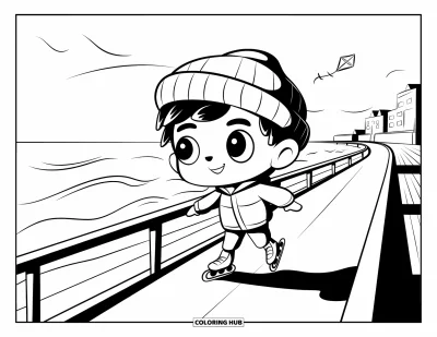 Coloriage de skateboard pour adultes : Un garçon chibi en veste skate près des vagues avec un cerf-volant dans le ciel