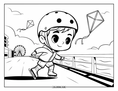Coloriage de skateboard pour adultes : Un garçon chibi casqué skate near des bâtiments et une grande roue