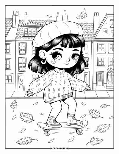 Coloriage de skateboard pour adultes : Une fille chibi en béret skate sur des feuilles d'automne près de maisons douillettes