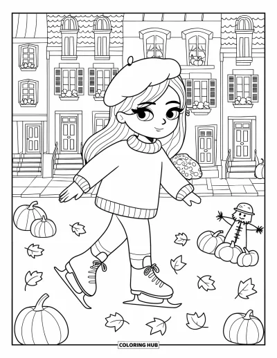 Coloriage de skateboard pour adultes : Une fille chibi en pull skate parmi des feuilles et des détails d'automne chaleureux