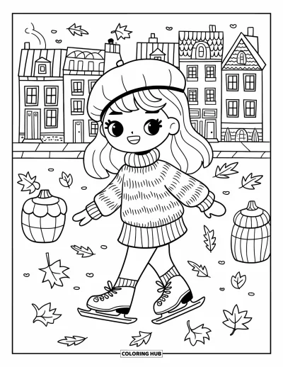 Coloriage de skateboard pour adultes : Une fille chibi en pull skate sur des feuilles tombées près de maisons de ville