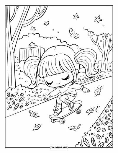 Coloriage de skateboard pour adultes : Une fille chibi à nattes skate parmi des feuilles, des étoiles et des bâtiments alentour