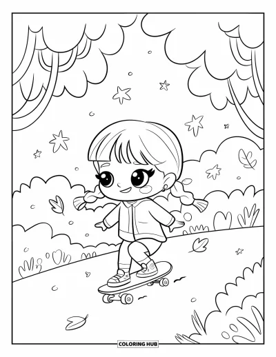 Coloriage de skateboard pour adultes : Une fille chibi à nattes descend un chemin de parc en skateboard sous des feuilles qui tombent