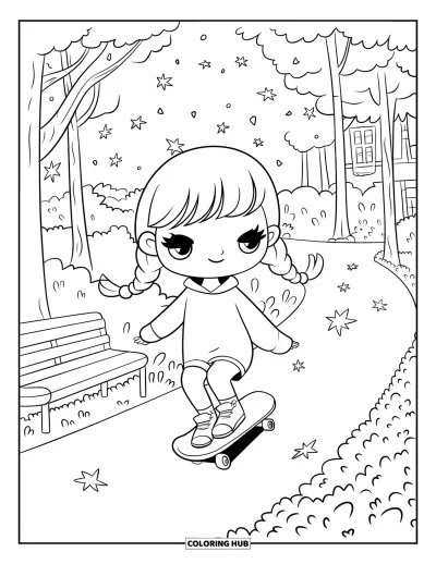 Coloriage de skateboard pour adultes : Une fille chibi à nattes skate dans un parc avec des feuilles et des étoiles