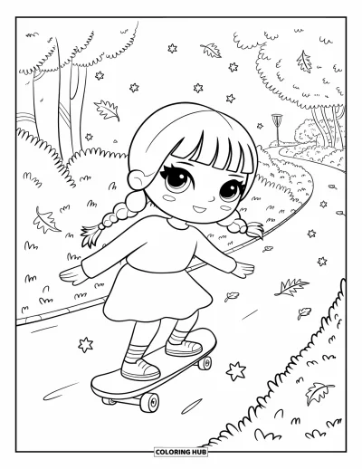 Coloriage de skateboard pour adultes : Une fille chibi à nattes skate sous des feuilles et des étoiles sur un chemin de parc