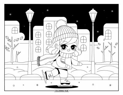 Coloriage de skateboard pour adultes : Un ado chibi en écharpe skate par une soirée enneigée sous des lampadaires lumineux