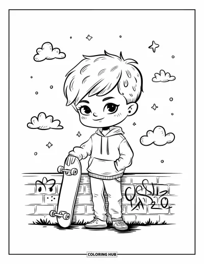 Coloriage de skateboard pour adultes : Un ado chibi adossé à un mur de briques avec des graffitis, des nuages et des étoiles au-dessus