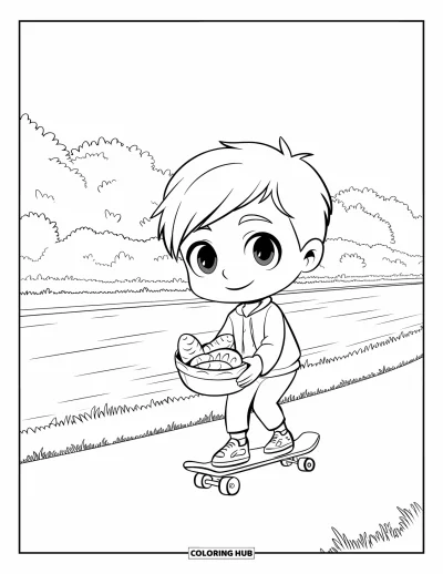 Coloriage de skateboard pour adultes : Un ado chibi fait du skateboard au bord de la rivière en portant des viennoiseries