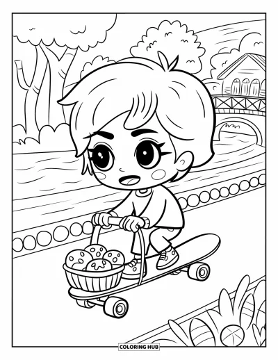 Coloriage de skateboard pour adultes : Un ado chibi skate au bord de la rivière avec un panier de pâtisseries
