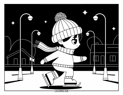 Coloriage de skateboard pour adultes : Un ado chibi skate sous des lampadaires lumineux avec des étoiles au-dessus