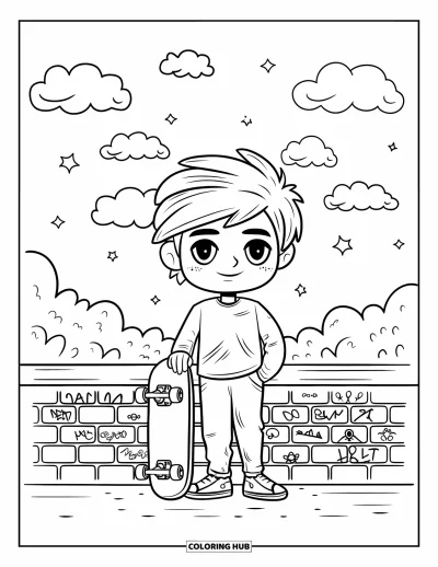 Coloriage de skateboard pour adultes : Un ado chibi pose fièrement avec son skateboard devant un mur de graffitis