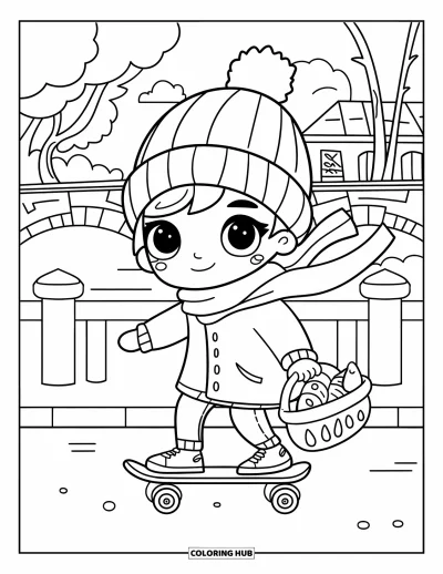 Coloriage de skateboard pour adultes : Un ado chibi avec un panier de viennoiseries skate le long d'un chemin en bord de rivière