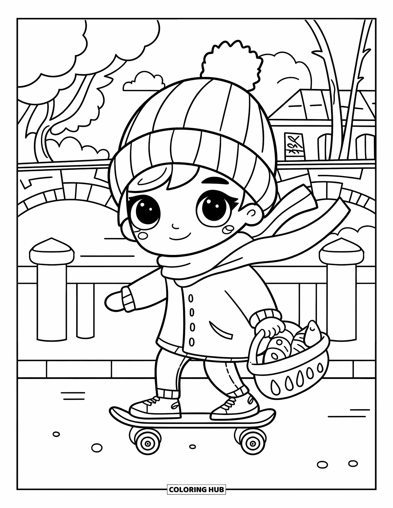 Skateboard Coloring Page for Adults: A chibi teen with a basket of baked goods skates along a riverside path