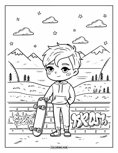 Coloriage de skateboard pour adultes : Un ado chibi avec un skateboard près d'un mur en briques et des montagnes