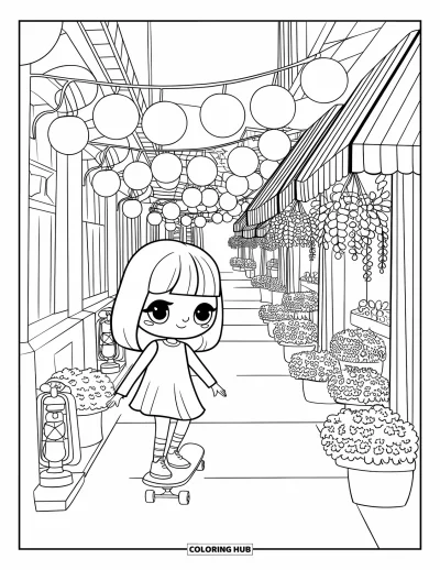 Coloriage de skateboard pour adultes : Une fille kawaii skate devant des lanternes et de petites boutiques avec des plantes suspendues