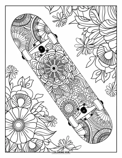Coloriage de skateboard pour adultes : La planche d'un skateboard recouverte de mandalas floraux avec des roses et des marguerites
