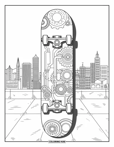 Coloriage de skateboard pour adultes : La planche d'un skateboard décorée d'engrenages et de tuyaux dans un style steampunk