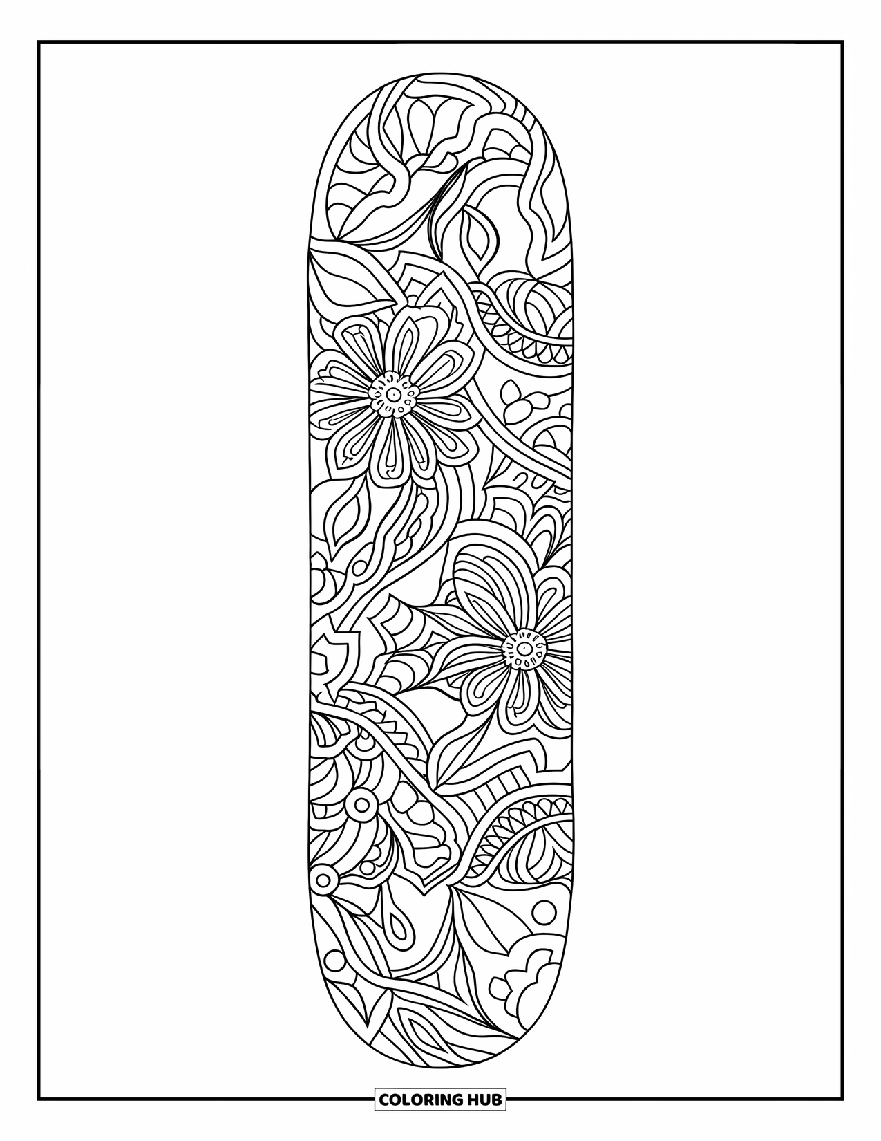 Skateboard Coloring Page for Adults: A skateboard deck decorated with intertwining floral mandala patterns