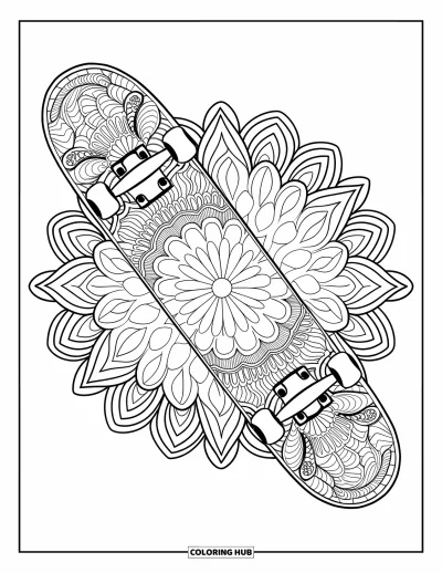 Coloriage de skateboard pour adultes : La planche d'un skateboard couverte d'élaborés mandalas floraux