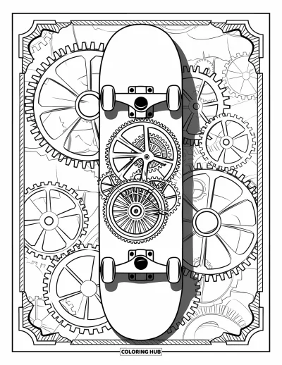 Coloriage de skateboard pour adultes : La planche d'un skateboard remplie d'engrenages steampunk superposés et d'une bordure de motifs