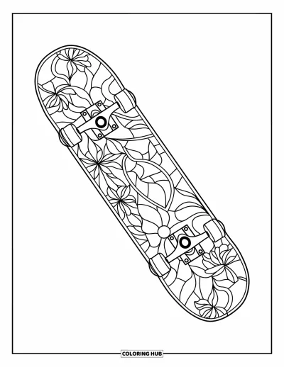 Coloriage de skateboard pour adultes : La planche d'un skateboard avec des fleurs façon vitrail et des lignes courbes