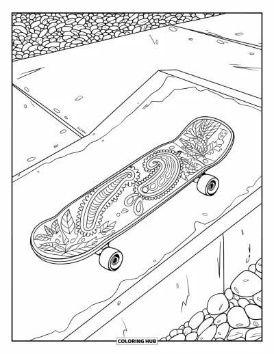 Coloriage de skateboard pour adultes : Un skateboard orné de motifs cachemire et de feuilles sur une rampe