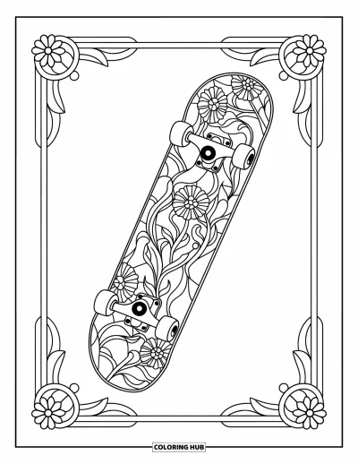 Coloriage de skateboard pour adultes : Un skateboard décoré de fleurs, de lianes et de motifs façon vitrail