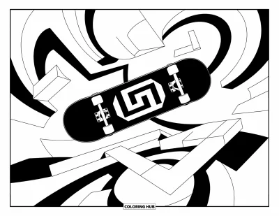 Coloriage de skateboard pour adultes : Un skateboard entouré de formes géométriques tourbillonnantes et de motifs variés