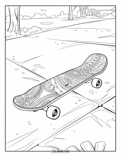 Coloriage de skateboard pour adultes : Un skateboard à motif cachemire posé sur du pavé près d'arbres