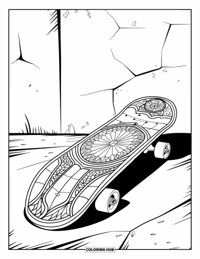 Coloriage de skateboard pour adultes : Un skateboard avec un motif façon vitrail devant un mur fissuré