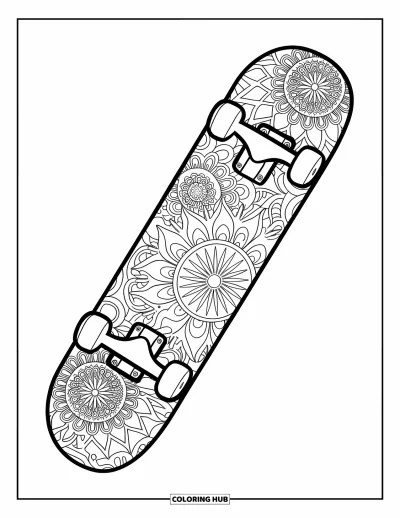 Coloriage de skateboard pour adultes : La planche d'un skateboard ornée de détaillés motifs de mandalas floraux