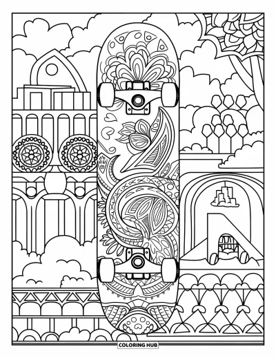 Coloriage de skateboard pour adultes : Un skateboard à motifs cachemire et feuillages devant un panorama urbain