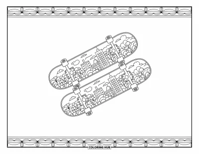 Coloriage de skateboard pour adultes : Deux skateboards à motifs se superposent au-dessus d'un paysage urbain et d'une bordure décorative