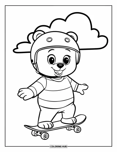 Coloriage de skateboard pour enfants : Un ours casqué se tient en souriant sur un skateboard